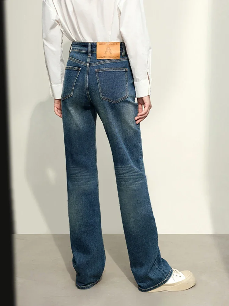 Amii Minimalism Straight Jeans For Women Spring New 2024 Casual Versatile Denim Style Custom Leather Brand Retro Pants 12441248