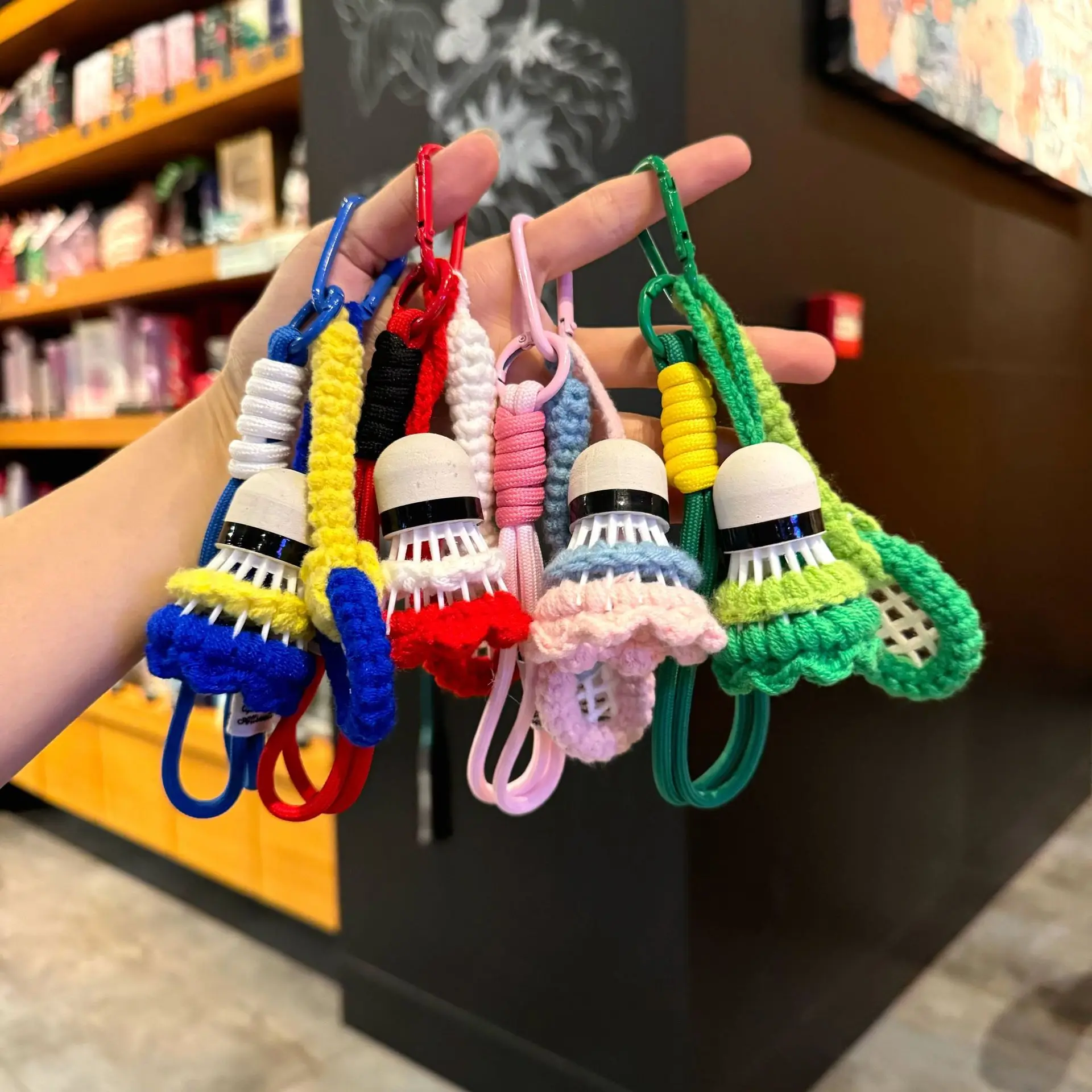 Handmade Crochet Badminton Keychain Milk Cotton Yarn Racket Charm Bag Pendant With Text Tag
