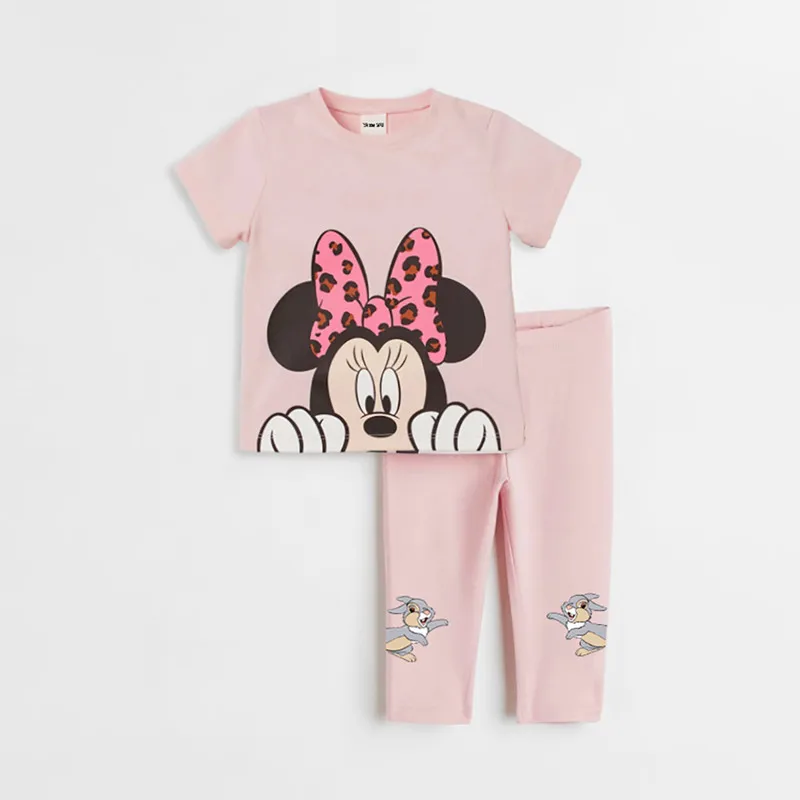 Minnie Printed Girl Short Sleeved Suits Summer Cotton Round Neck Tee + Pants Kids Girl Clothes Sets