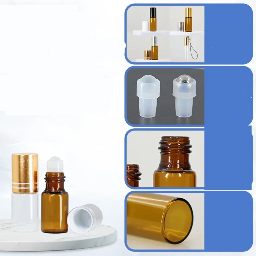 20pcs 5/10ML  Amber Roller Ball Essential Glass Oil Bottle Empty Perfume Roller Ball Refillable Liquid Container Makeup Tools