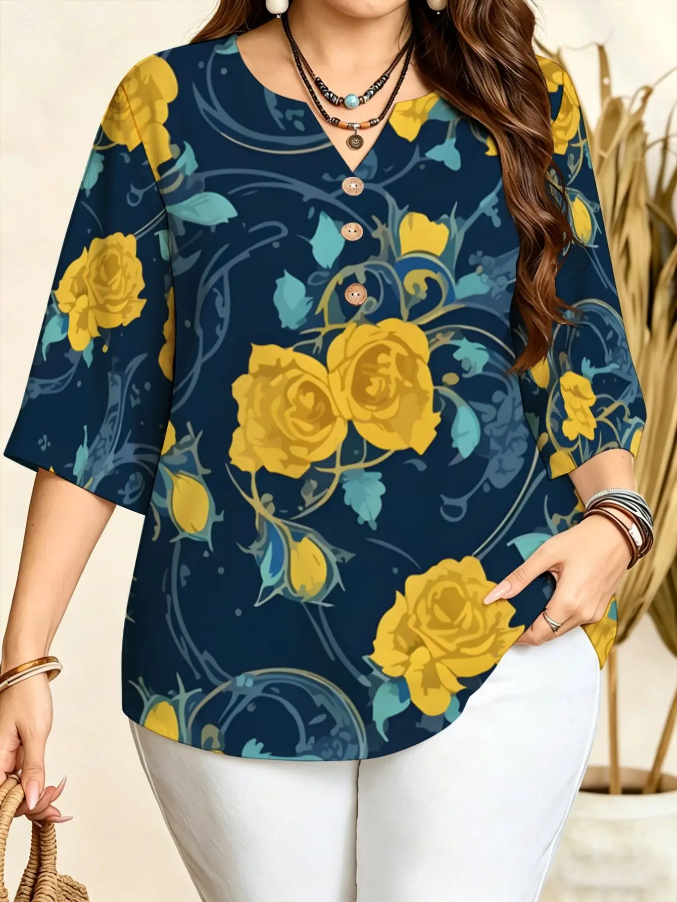 Women Floral Print Blouse Notched Neck 3/4 Sleeve Fit Curvy Figure Daily Tops Multicolor Botanical Pattern Shirts