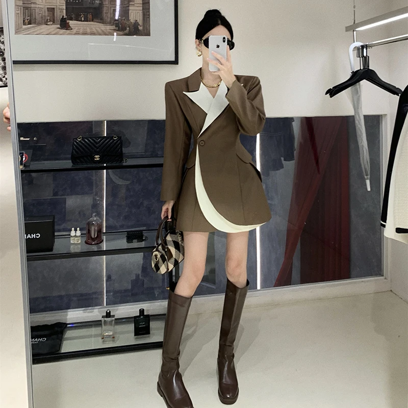 French Style Patchwork Blazer Dress Women Long Sleeve Mini Dress Slim Streetwear Party Vestidos