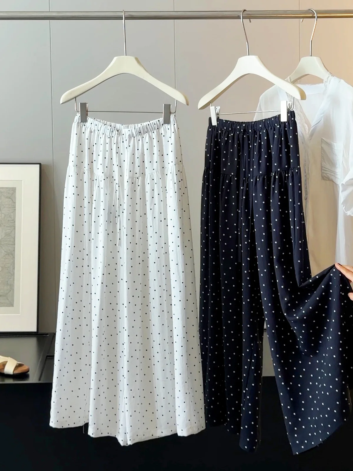 

Harajuku Polka Dot White Elastic Waist Tiered Wide Leg Pants Loose Flowy Split Layer Culottes Women Vintage Casual Summer Trouse