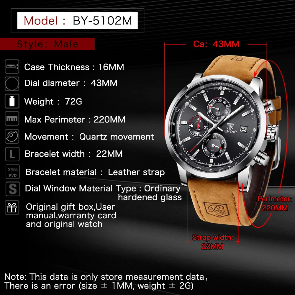 2025 New BENYAR Men's Watches Top Brand Luxury Quartz Watch For Man Sports Chronograph Waterproof Luminous Leather Men Gift Box