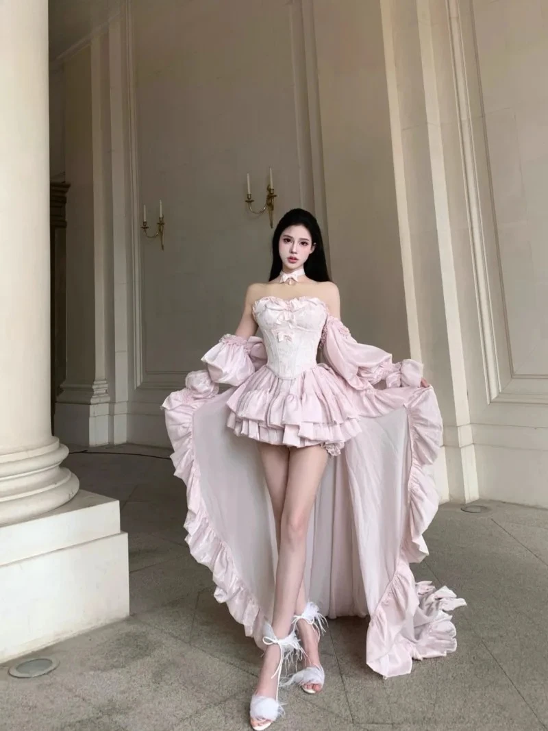 

Pink Trailing Skirt Set Sweet Girl High-end Tube Top Birthday Party Bow Lace-up Vest and High Waist Short Princess Tutu Skirt