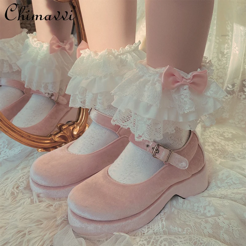 Sweet and Cute Pink Lolita Lace Bow Cotton Bunching Socks Cotton Fairy Women Girls Lace Socks Elegant Kawaii Socks Autumn