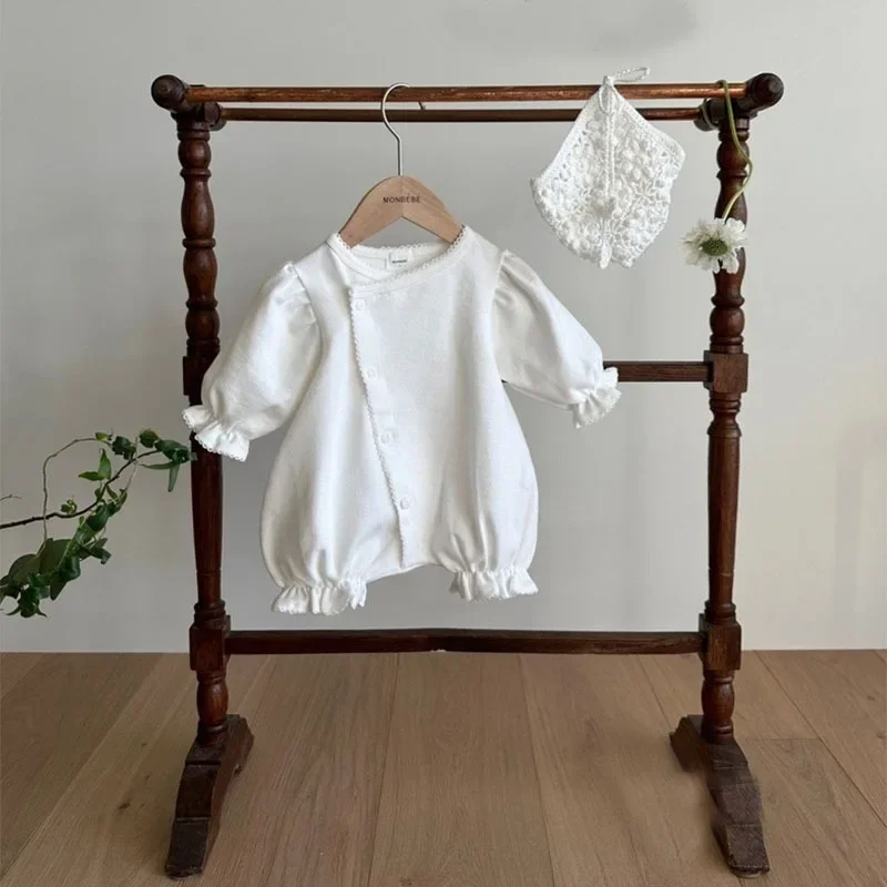 Newborn Photography Romper 2023 New Kids Clothing Korean Summer Autumn Solid Color One-piece Fashion Single Breasted Lace Cuff