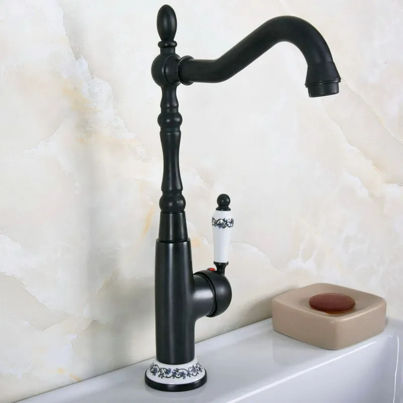 

Black Oil Rubbed Bronze One Ceramic Flower Handles Bathroom Kitchen Basin Sink Faucet Mixer Tap Swivel Spout Deck Mounted mnf650