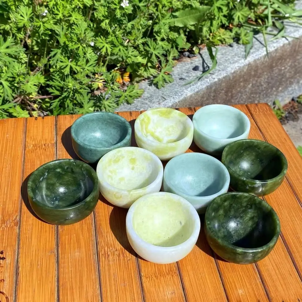 Three-colour Xiuyan Bowl Green Mini Tea Cup Healing Stone Green Jade Carved Crystal Crafts Ornament Handmade Gifts