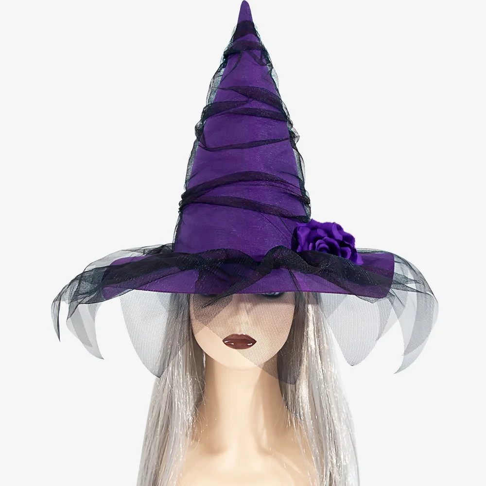 

Baroque Witch Queen Hat Lace Veil with Roses Floral Accents Gothic Headdress Halloween Cosplay Masquerade Balls Accessories