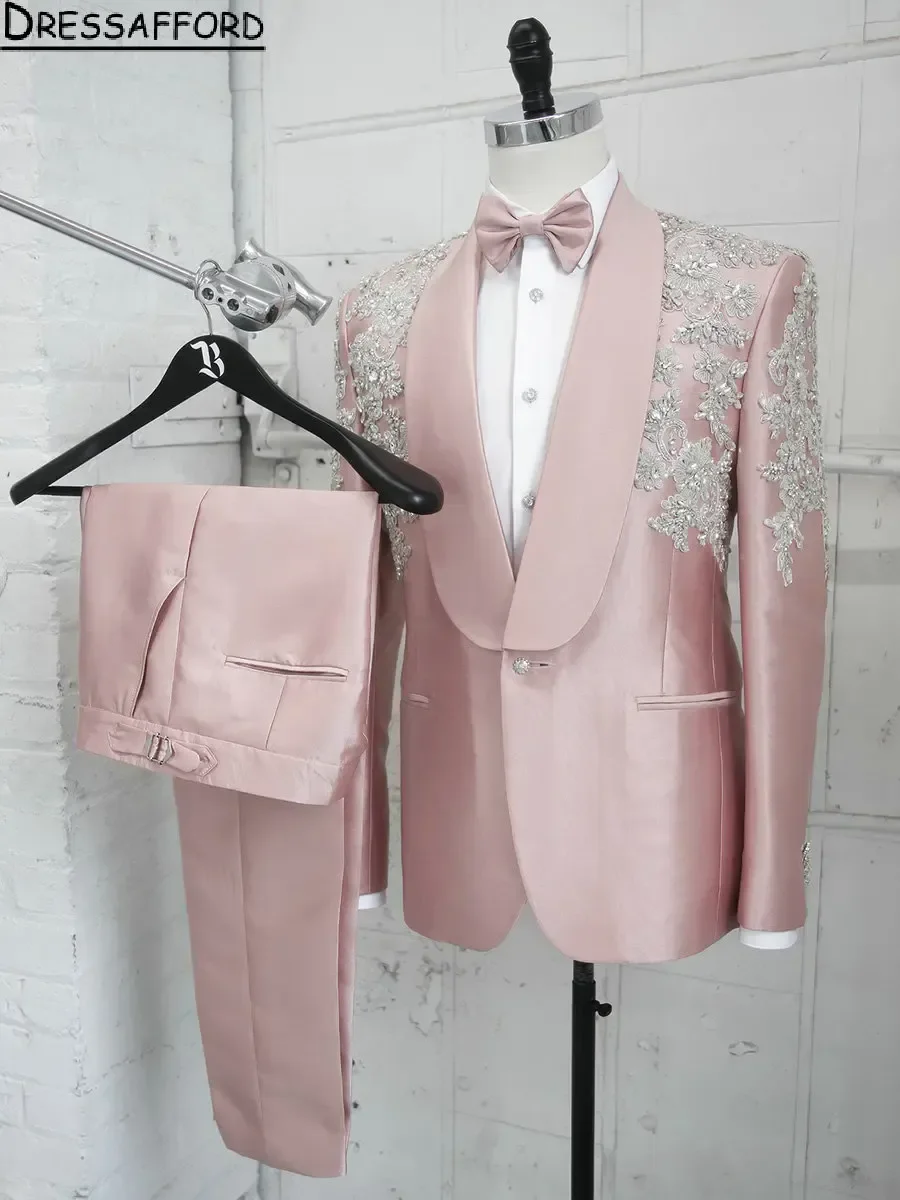 Pink Beaded Crystal 2 Piece Blazer Pants Appliques Lace Men Suits Formal Prom Wedding Groom