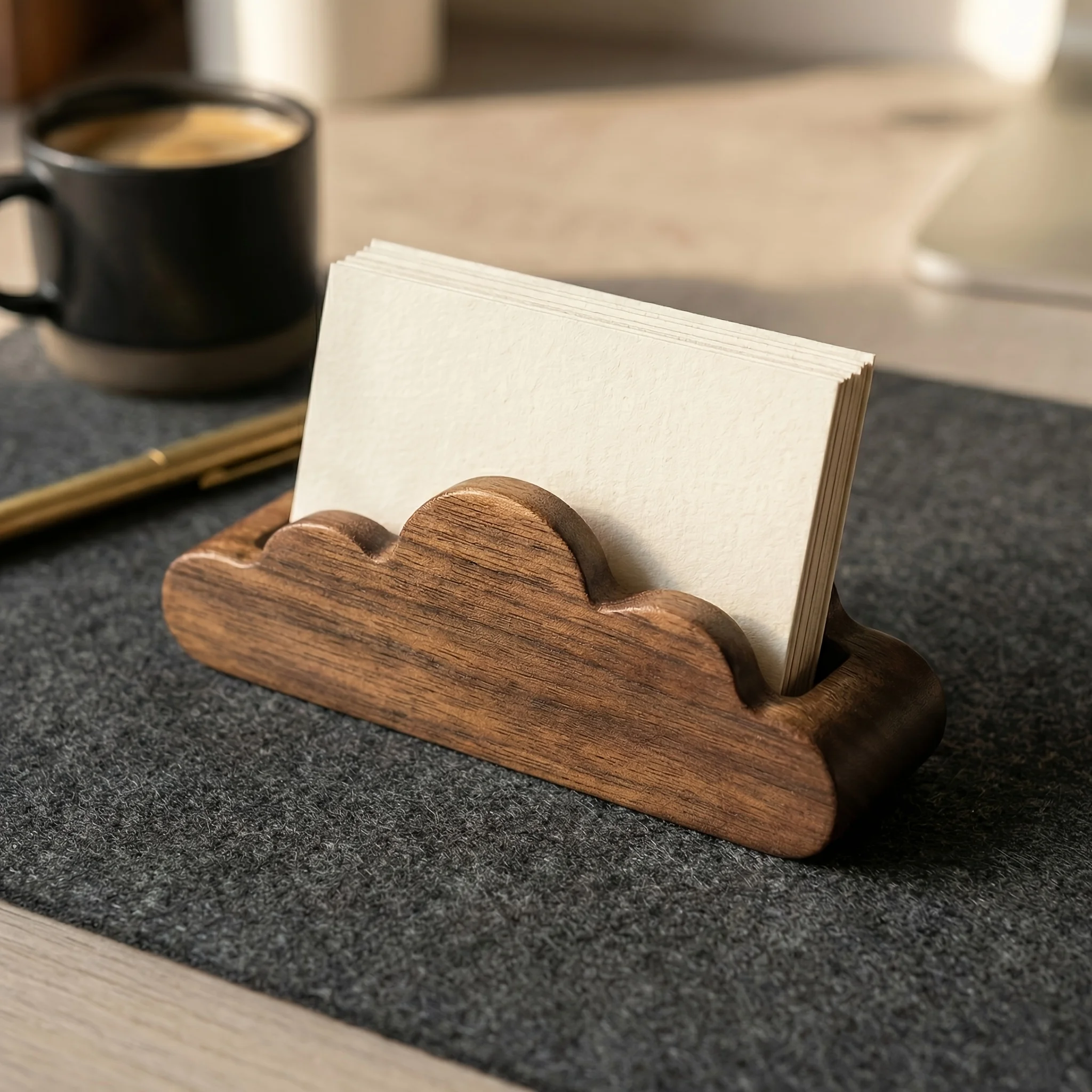 Premium Black Walnut Wood Cloud-Shaped Business Card Holder, Creative Solid Wooden Desk Organizer & Desktop Decor Display Stand