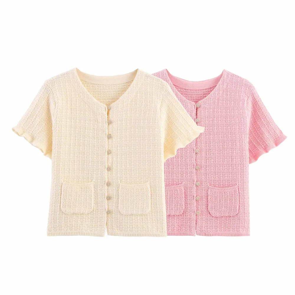

Zach Ailsa's new women's sweet round neck short sleeved single breasted layered decorative knitted cardigan jacket