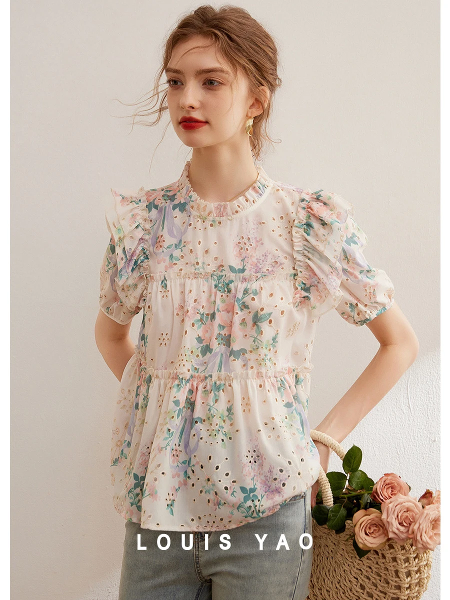 LOUIS YAO Women Embroidery Hollow Out Shirt 2024 Summer Blouses Stand Colloar Short Sleeve Elegant Pullover Top