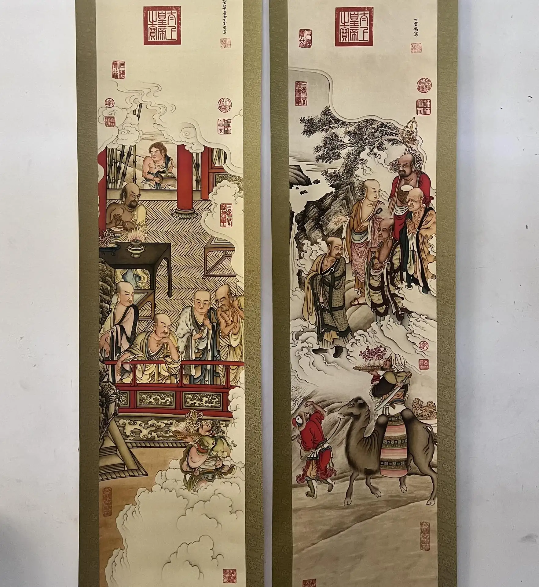 Portrait painting, four-panel central-hanging painting — Arhat painting, photographed on-site, one item per image.,free shippin