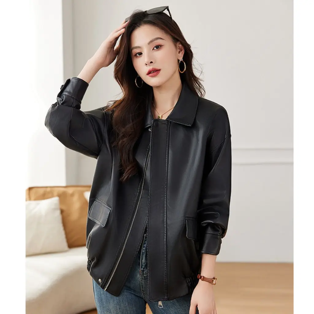 Chaqueta de cuero PU blanco y negro para mujer, solapa, moda informal, motocicleta, estilo primavera y otoño, Stock listo para fábrica