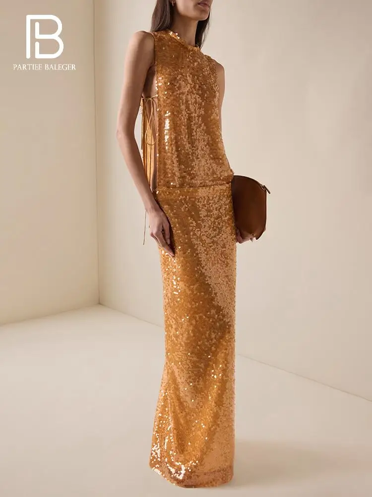 

PB Women Gold Sequin Round Neckline Party Gown – Sleeveless Shimmer Long Dress for Formal Dinner and Grand Gala Sexy 2025 Outfit