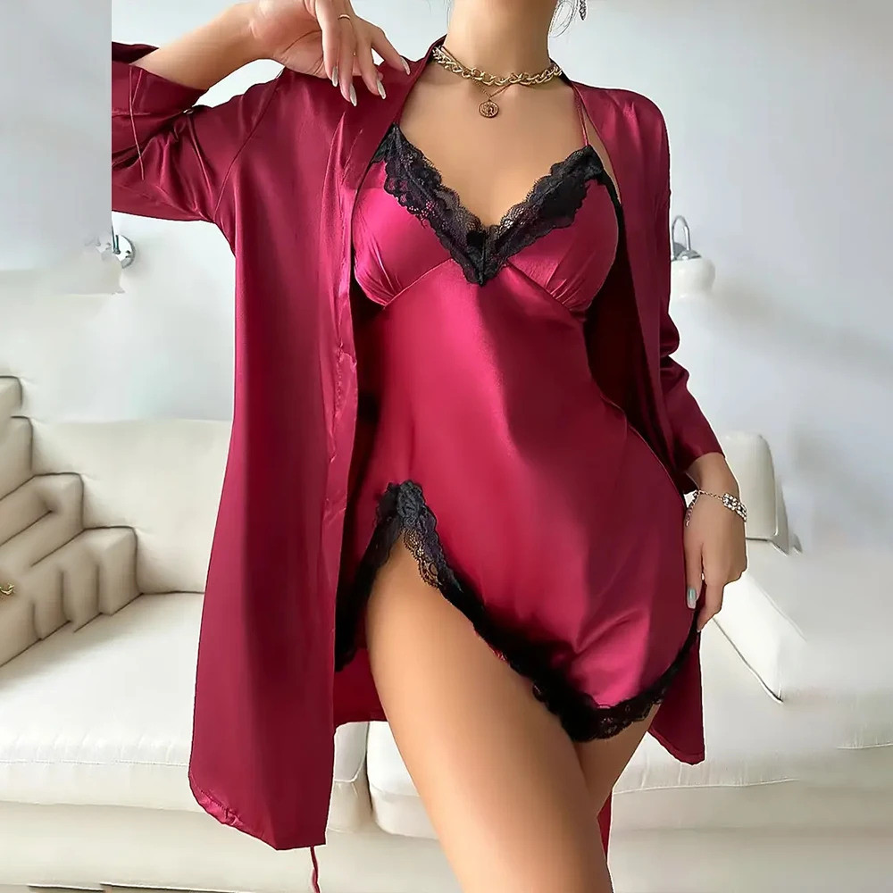 Women's Nightdress Two Piece Sets Night Robe Pajama Set Solid Satin Long Sleeve Robe V Neck Slip Sleep Mini Dress S M L XL 2XL