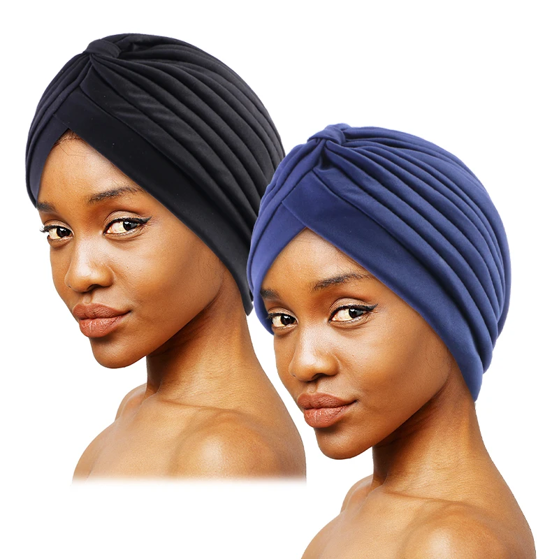 2 stücke Knoten Crinkle Turban Kappe schwarz & dunkelblau Headwrap elastischen Kopftuch leichte Motorhaube Chemo Kappe – Detail 2