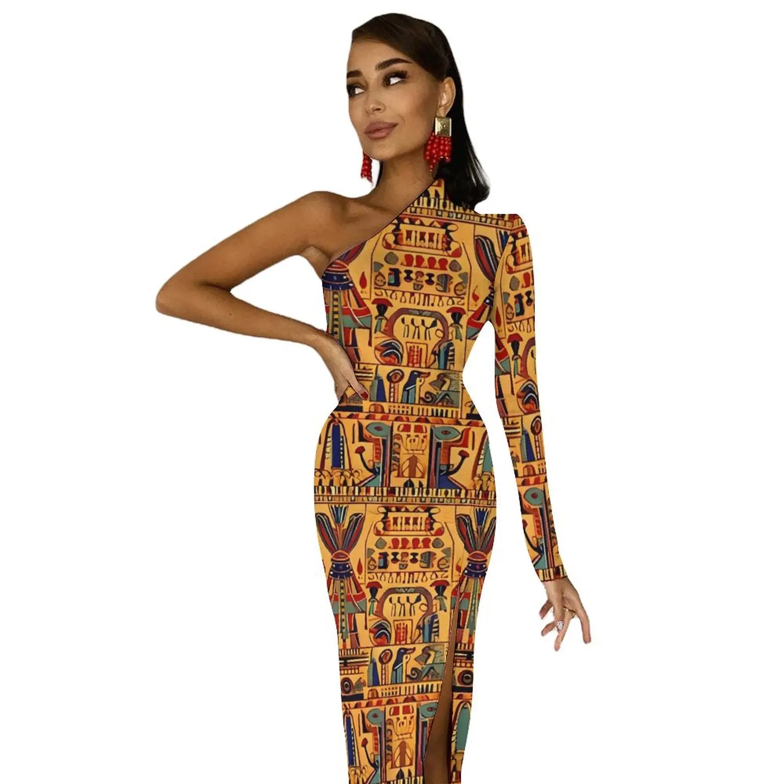 Arte egípcia antiga vestido longo senhoras retro padrão estético maxi vestido outono bonito bodycon vestidos de alta fenda personalizado