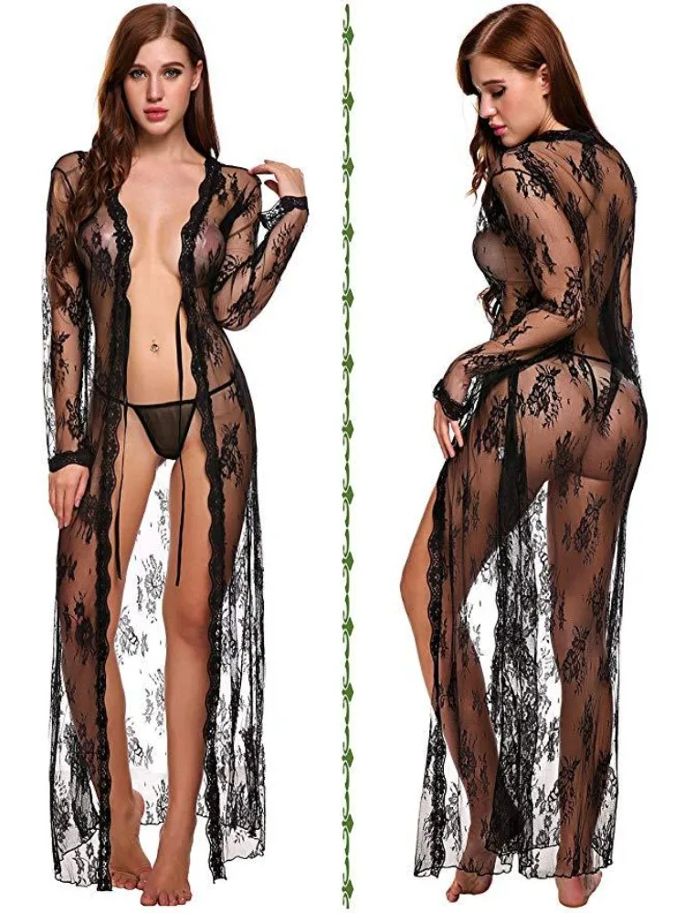 Camisola Transparente Exótica para Mulheres, Lingerie Sexy, Peludos, Casacos Eróticos de Noite, Tentação Cueca Longa, Camisola, CP5XL