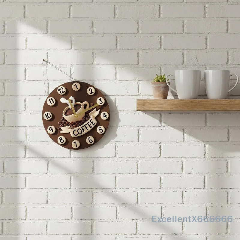 2D Coffee Cup Themed Wooden Wall Clock Round Hanging Sign Minimalist Wall Decor for Kitchen Office