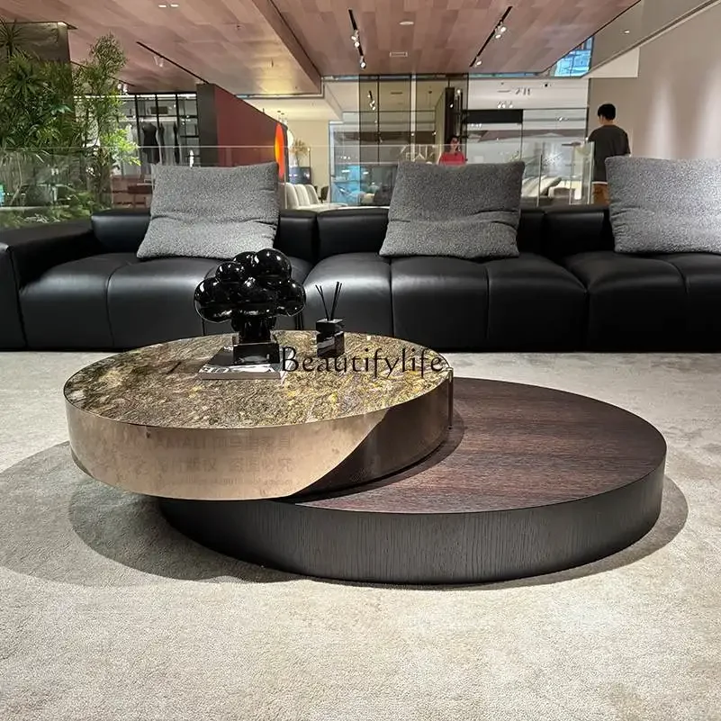 Living room round tea table smoked wood platinum diamond marble multifunctional rotating coffee table