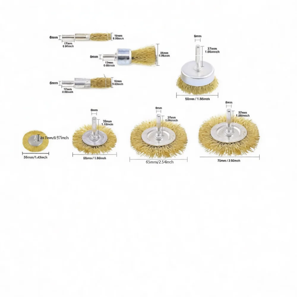 Rotary Tool Wire Wheel Brush Set Copper Coated Steel Metal Grinding Polishing Rust Removal Drill Bit Finishing Hardware