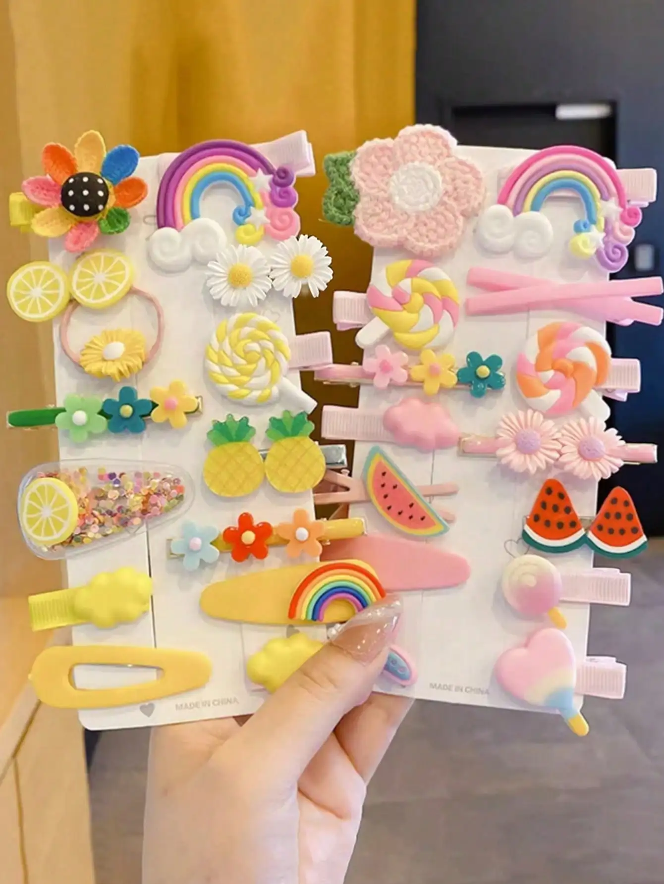 

28pcs OPP Bag No Card, Girls' Purple Daisy, Butterfly, Cartoon Fruit, Rainbow Random Style Clip Hair Accessories Set, For Daily Use