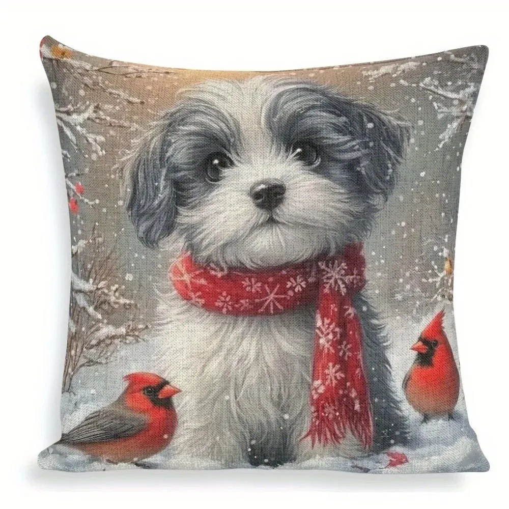 Snowy Scene: Puppy & Cardinals Throw Pillow Pattern Cushion Cover Suitable for Sofa Bedroom Car Pillow Cover