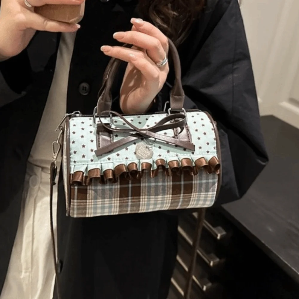 

Retro Portable Bow Polka Dot Handbag Color-blocked Exquisite Bowler Bag Lace Trim Zipper Closure Crossbody Bag Daily Use