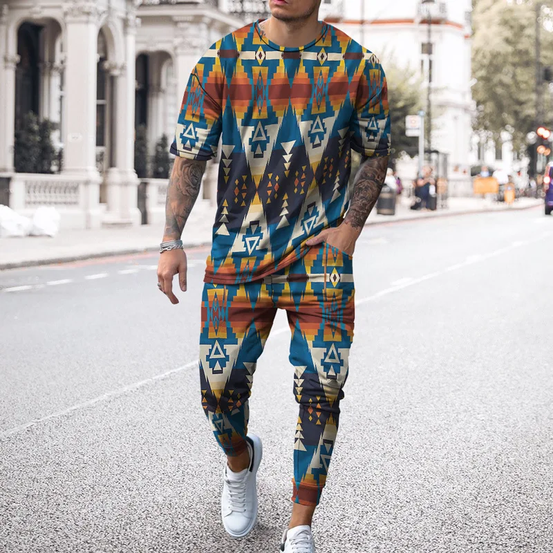 Dashiki de África para hombre, 3D Camiseta con estampado, pantalones, chándal, conjunto de 2 piezas, ropa de calle de gran tamaño, ropa deportiva