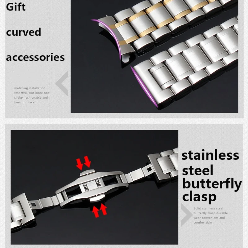 20 مللي متر 22 مللي متر منحني نهاية حزام الساعات لساعة سامسونج جالاكسي 7/FE/6/5/4/5pro 45 مللي متر سوار الفولاذ المقاوم للصدأ الصلبة حزام ساعة معدني
