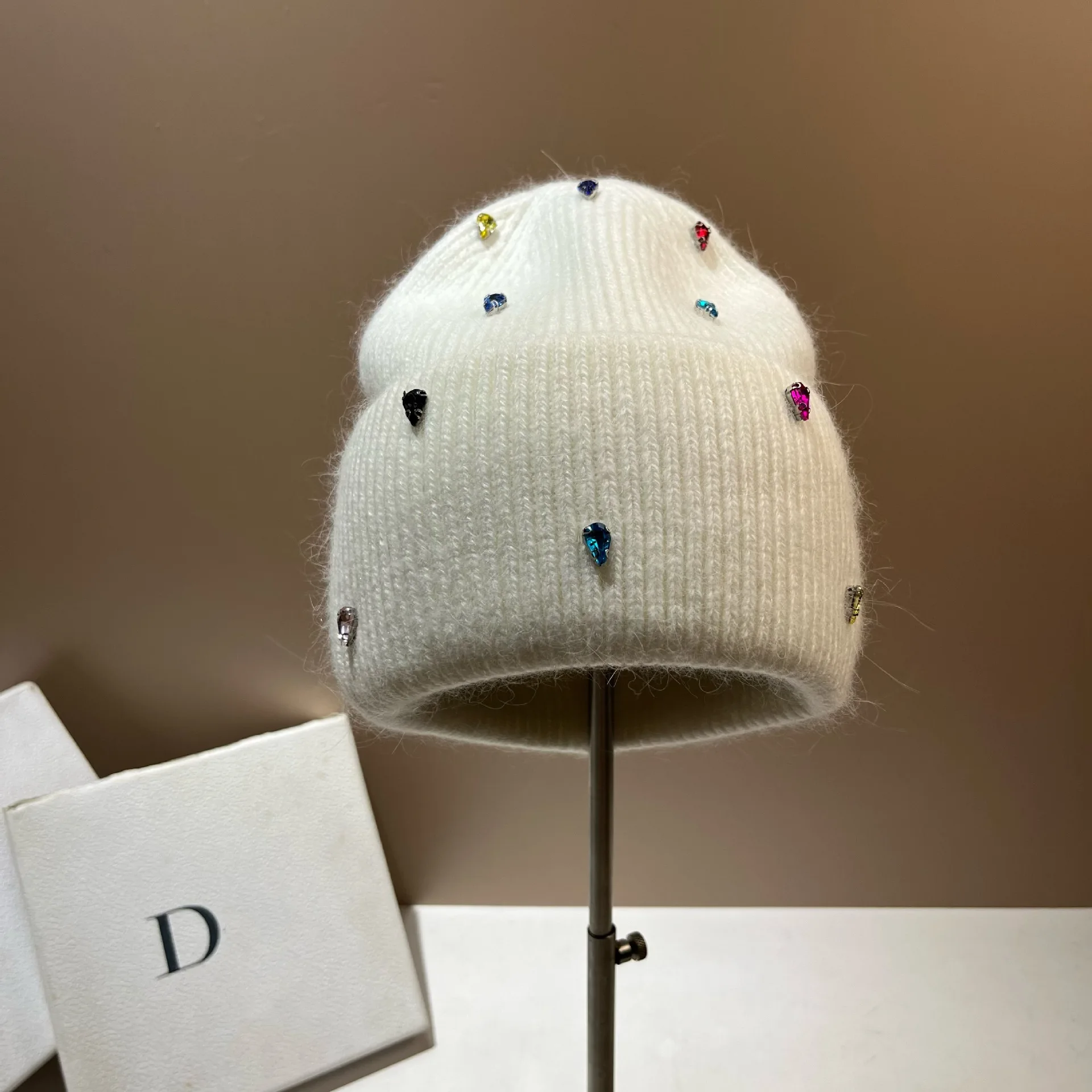 Colorful Rhinstones Winter Women Knitted Hat Real Rabbit Fur Warm Wool Skullies Beanies Ear Protection Outdoor Skiing Caps