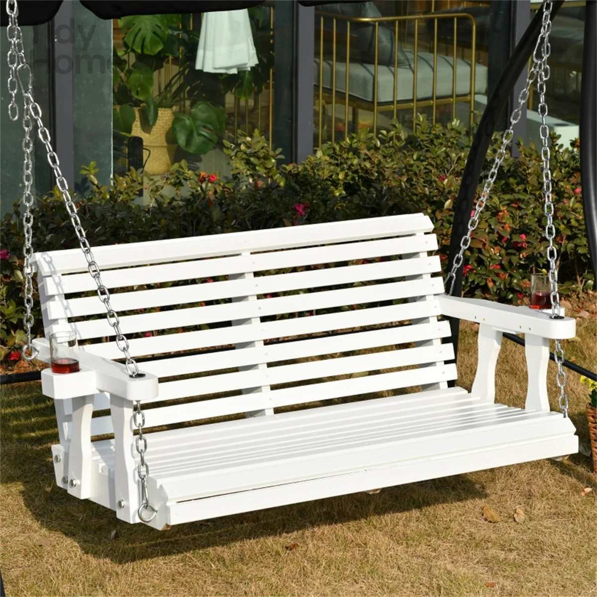 

2 Seater Outdoor Patio Swing Chair, Porch Swing With Chains And Cupholders, Porch Swing With Chains And Cupholders, Wooden