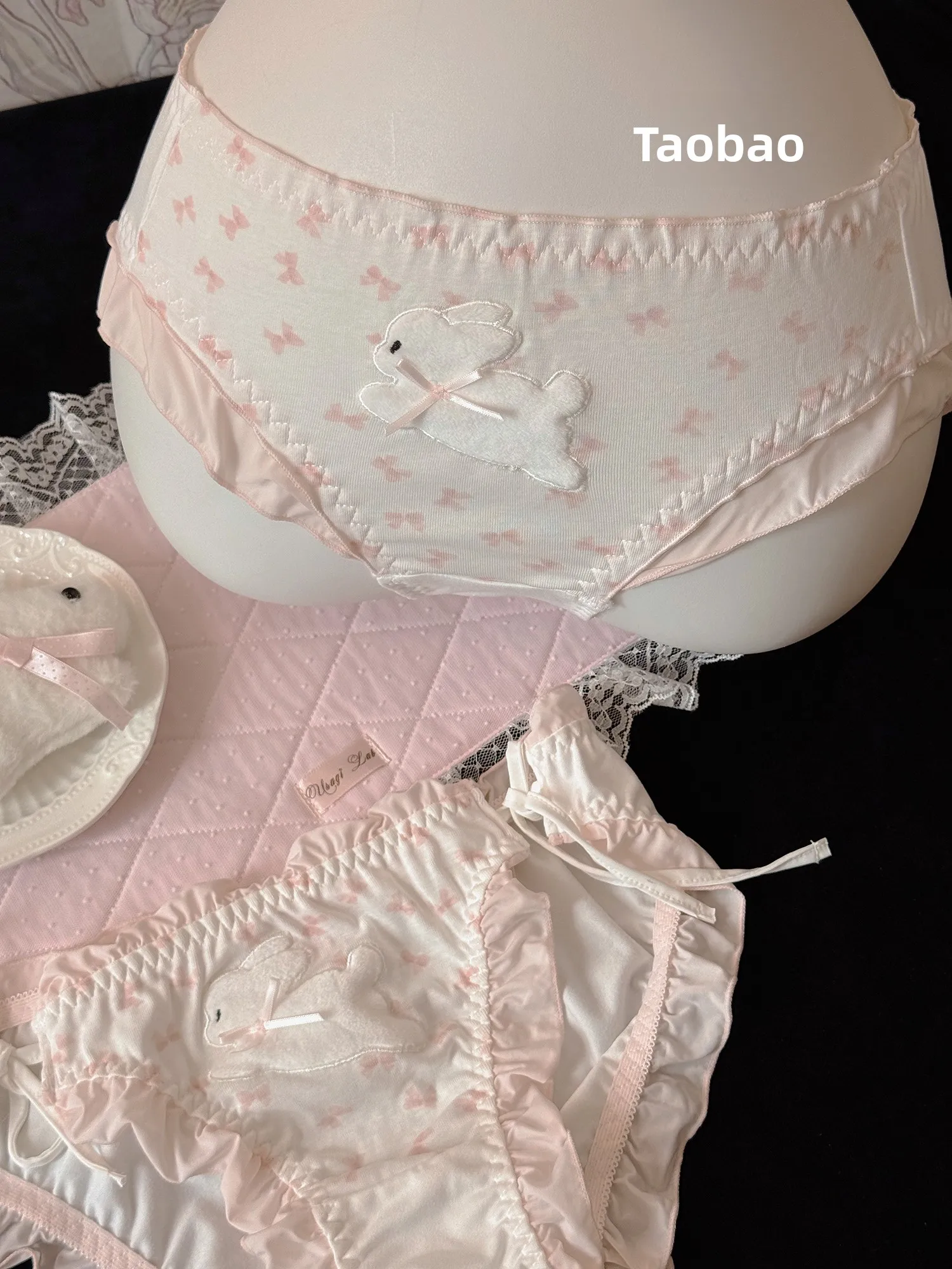 Cute Rabbit Fur  Panties Low Waist Soft Comfortable LoLita Style Unknotable Band Printed Design Nylon Fabric Daily Wear