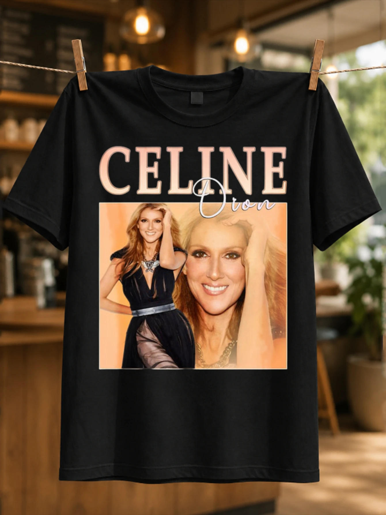 Celine Dion orange collage portrait art with bold lettering and retro pop star energy theme Unisex  Unisex All T-Shirt