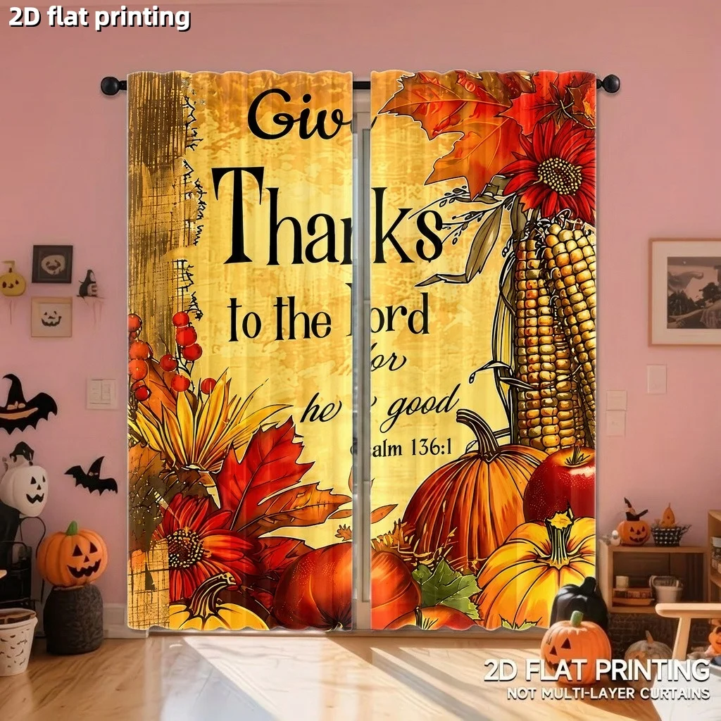 2 Pieces,Thanksgiving Harvest Fall Themed Curtains with Pumpkin Corn Leaf Bible Verses for Living Room Bedroom Holiday Home Deco