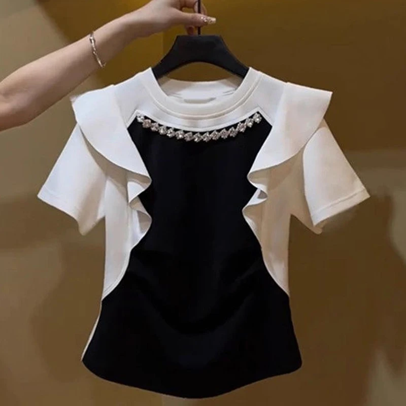 T-shirt women\'s French fashion round neck chic ruffled rhinestone short sleeve 2024 summer new small fragrance top.