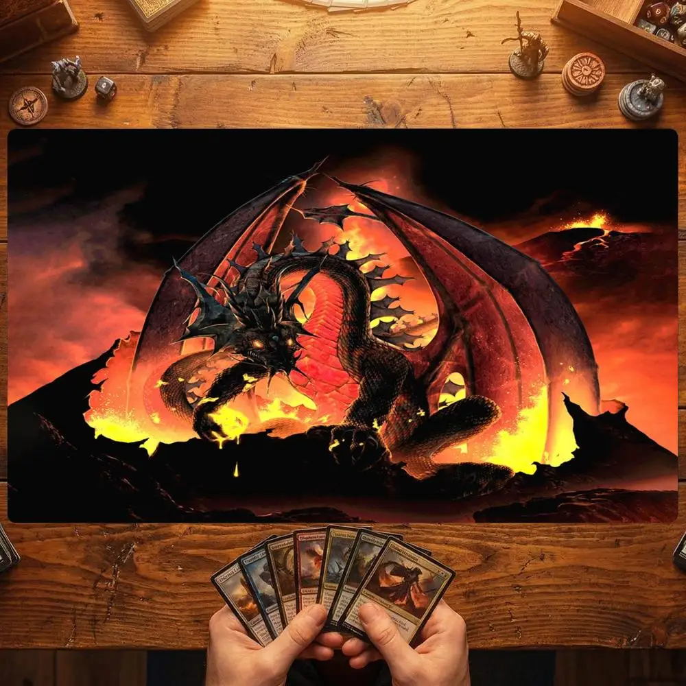 Volcano Black Fire Dragon TCG Playmat 35X60CM Lava Winged Beast Magic Card Mat Non-Slip Durable Stitched Edge Tabletop Playmat