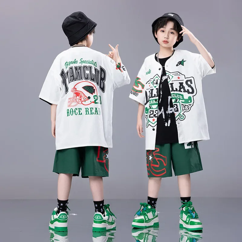 Boys Hip Hop Clothing Dark Green Baseball Uniform Tops Axe print shorts for Girls Kids Jazz Dance Costume Clothes