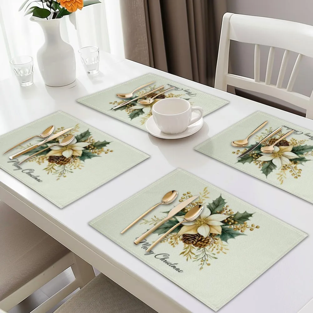 Christmas Floral Placemats Table Mat Holly Pine Cone Letter Print for Dining Table Vintage Xmas Farmhouse Home Decor Accessories