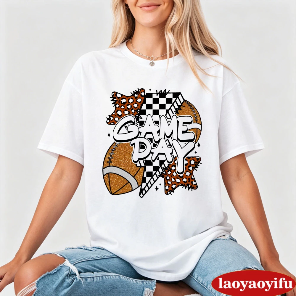 Game Day Graphic White T-Shirt Women Football Star Tee Sport Autumn Top Cute Competitive Shirt Cozy Fall Clothing