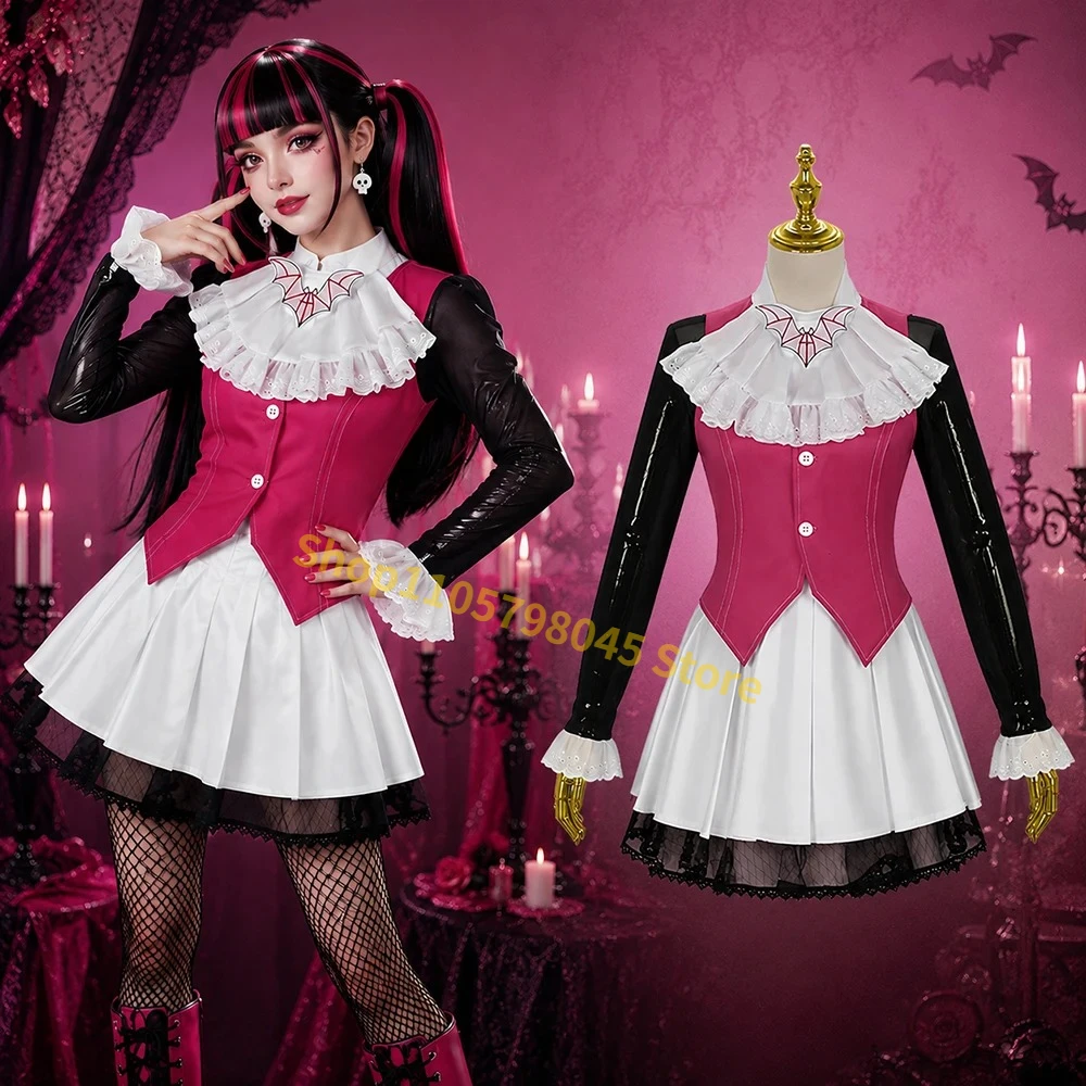 Cartoon Monster Draculaura Cosplay Costume Women Top Vest Skirt Vampire School Uniform Wig Fantasy Carnival Halloween Party Suit