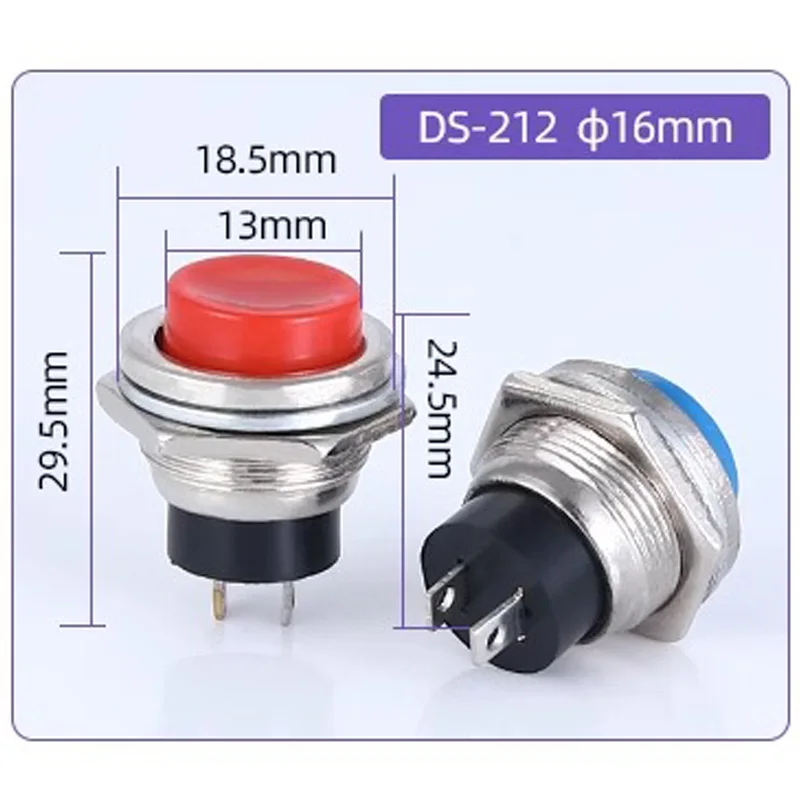 16mm Round Momentary Switch 3A125VAC/6A125VAC DS-212 SPST Self-reset Push Button Switch Red/Green/Blue/Yellow/White/Black