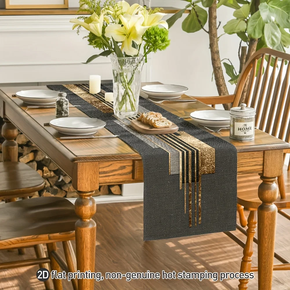 Black & Gold Geometric Quilt Table Runner - Modern All-Season Print, Metal Color Block, Home/Holiday/Family Dining Party Decor