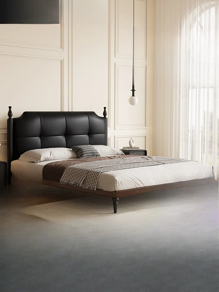 

Black bed master bedroom high-end atmosphere antique French retro solid wood flush edge small apartment leather