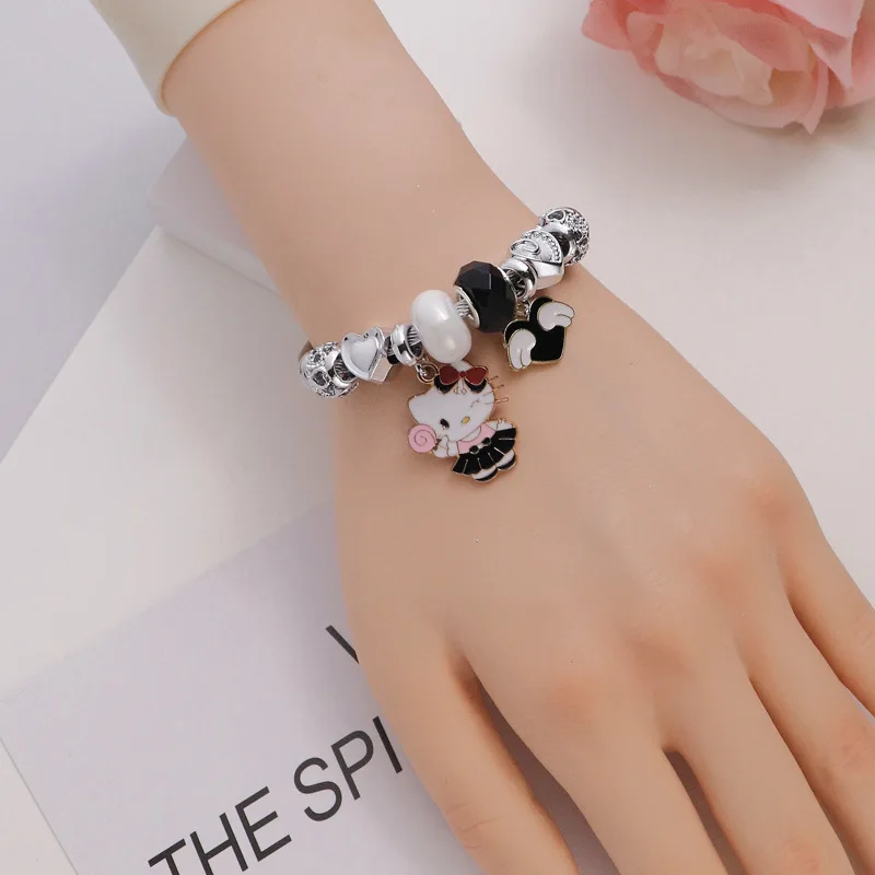 Cartoon Character Hello Kitty Love Angel Anime Stainless Steel Crystal Adjustablet Bracelet Beads Jewelry Accessories