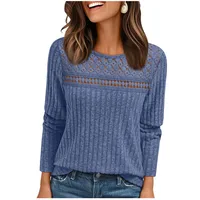 Elegant Women Lace Hollow Out Splicing Shirt Autumn Solid Color Loose Tops Female Fashion Casual O Neck Long Sleeve Blouses 2025 2