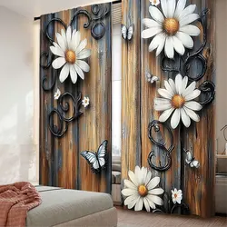 2Pcs Vintage Floral Patterned Curtain Elegant White Daisy Curtain Suitable For Bedroom Bathroom Living Room Dining Room Study
